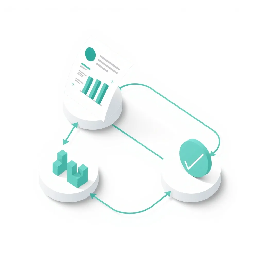 Illustration of a document moving through compare, correct and verify steps